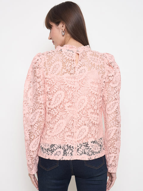 Madame Laced Self Design Puff Sleeve Peach Top