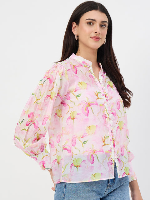 Madame Pink Printed Semi-Sheer Tencel Mandarin-Collar Top