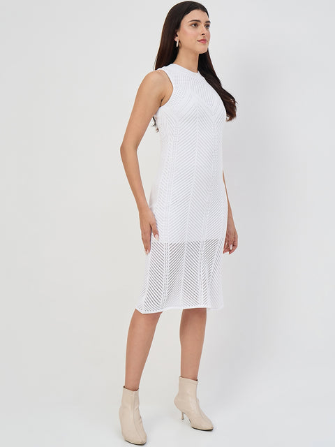 Madame White Cotton Knit Self-Design Bodycon Dress