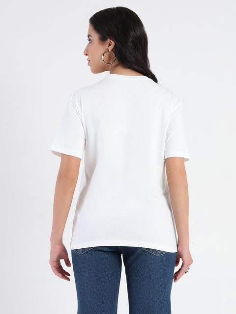 Madame Embroidered Round Neck White Cotton Lycra T-shirt