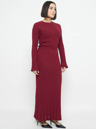 Madame Full Sleeve Top and Maxi Skirt Wine Red Knitted Co-ord Set