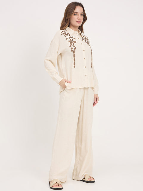 Madame Beige Embroidered Rayon Linen Full Sleeve Shirt