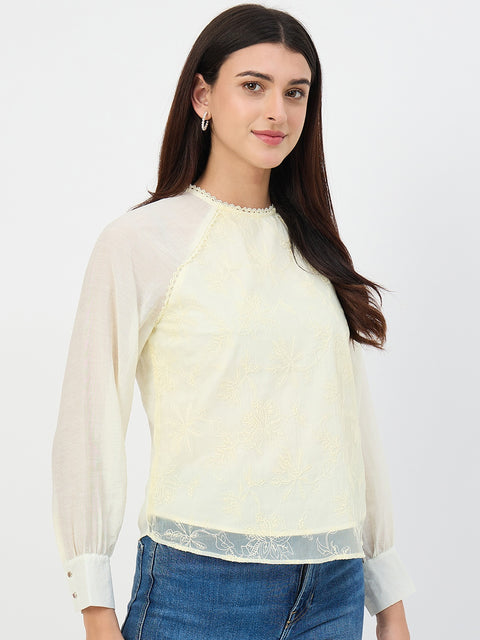 Madame Butter Yellow Embroidered Bishop-Sleeve Viscose Top
