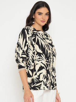 Madame Botanical Print Black Rayon Blend Top