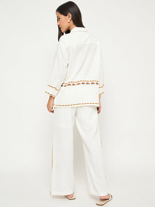 Madame Printed Shirt and Trousers White Cotton Co-ord Set