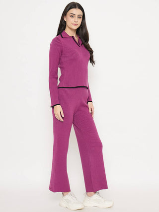 Madame Contrast Trim Top and Solid Bottoms Purple Knitted Co-ord Set