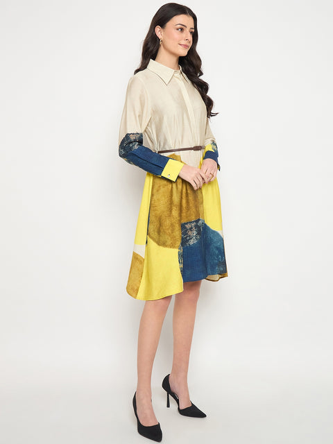 Madame Beige Rayon Blend Colorblock Shirt Dress