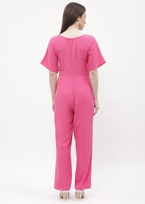 Madame Tie-Up Neck Hot Pink Trumpet Sleeve Jumpsuit