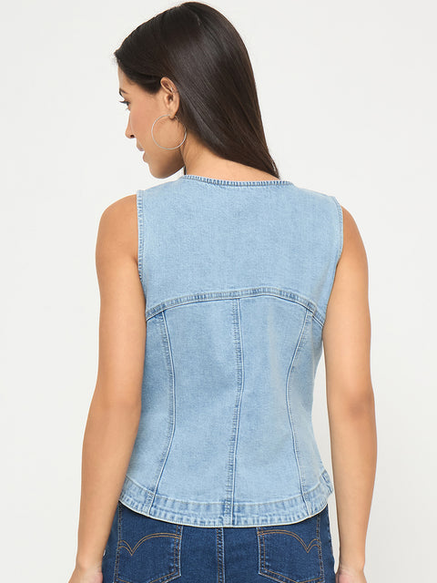 Madame Sleeveless Bright Blue Cotton Blend Bright Blue Top