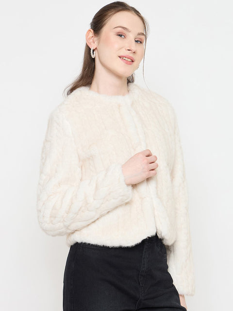 Madame Off White Round Neck Pearl Embellished Blazer
