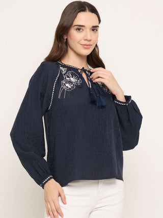 Madame Embroidered Tencel Blend Blue Top