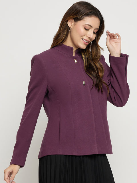 Madame Purple Mock Neck Full Sleeve Short Coat