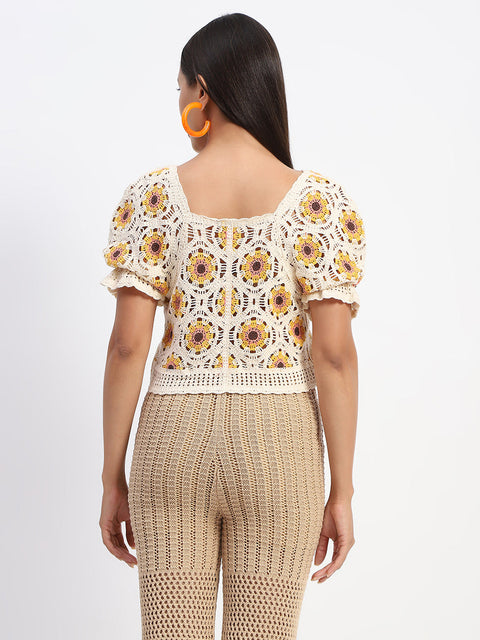 Madame Floral Print Beige Cotton Crochet Top