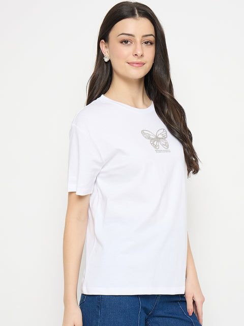 Madame White Cotton Graphic Print T-Shirt