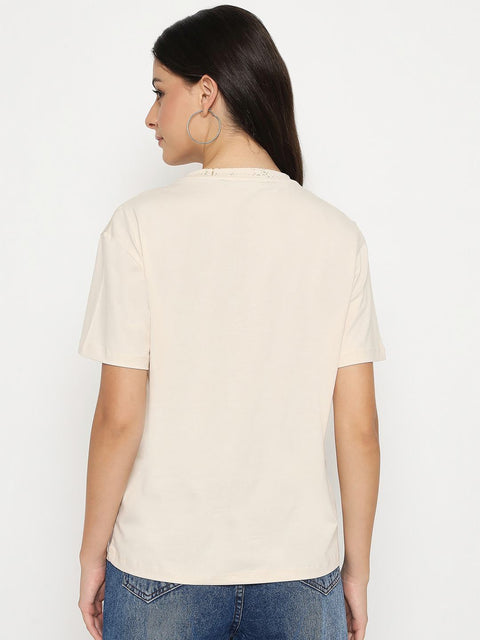 Madame Dori Embroidery Cotton Blend Beige T-shirt