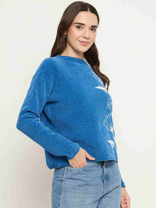 Madame Floral Print Blue Pullover Sweater