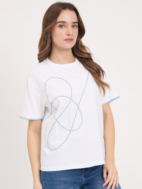 Madame White Embroidered Cotton Round Neck T-Shirt