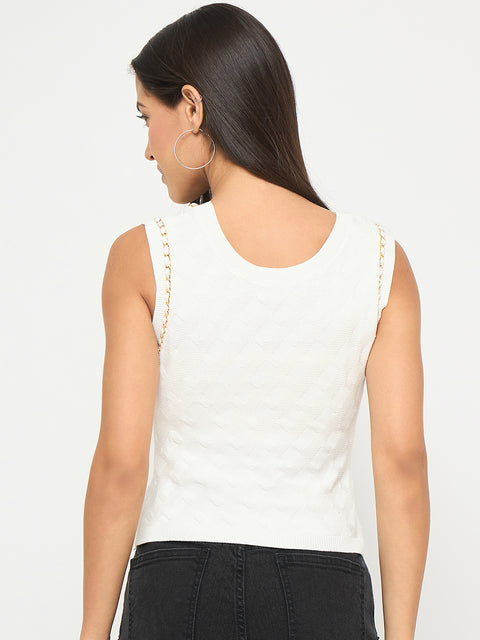 Madame Chain Accented Sleeveless White Knitted Top