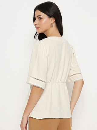 Madame V Neck Off White Peplum Top
