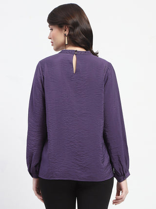 Madame Embellished Collar Ban Neck Solid Purple Top