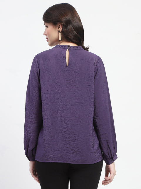 Madame Embellished Collar Ban Neck Solid Purple Top