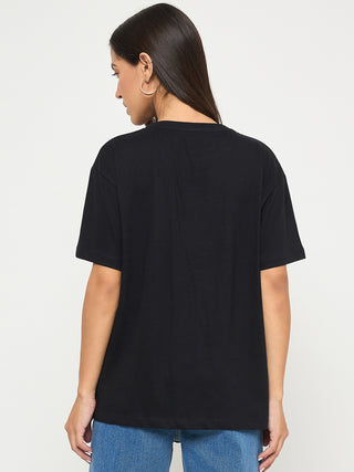 Madame Embroidery Patchwork Detailed Black Cotton T-shirt