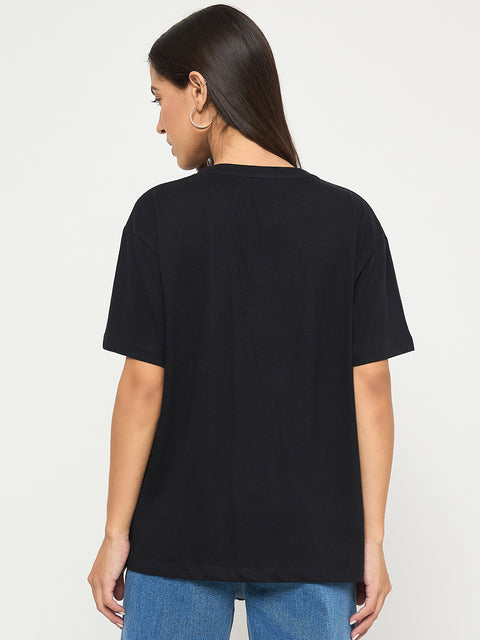 Madame Embroidery Patchwork Detailed Black Cotton T-shirt