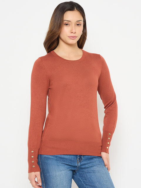 Madame Solid Rust Round Neck Sweater with Cuff Sleeves