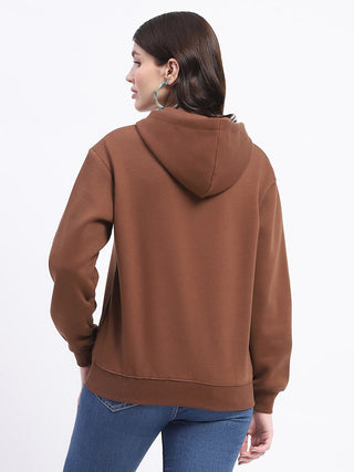 Madame Fleece Embroidered Closed Brown Hooded Sweatshirt