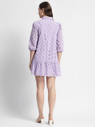 Madame Lilac Flared Hem Schiffli Mini Dress