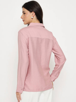 Madame Textured Solid Pink Rayon Blend Shirt