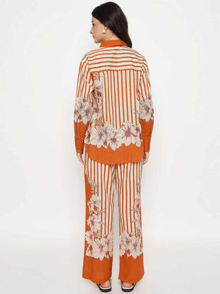 Madame Floral Print Top and Bottoms Striped Rust Red Co-ord Set