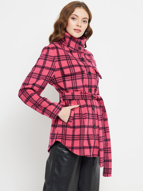Madame Chequered Stand Collar Hot Pink Shacket
