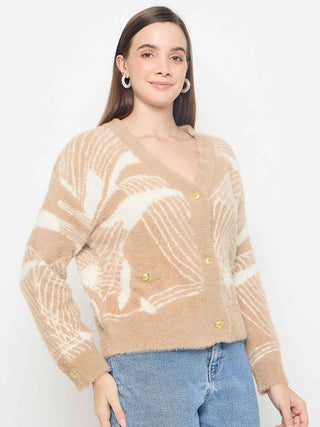 Madame Abstract Print Button Up Camel Brown Sweater