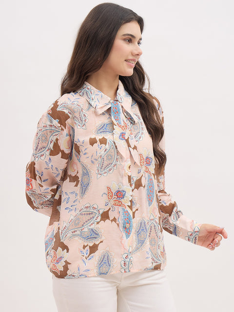 Madame Pink Paisley Print Shirt With Neck Tie