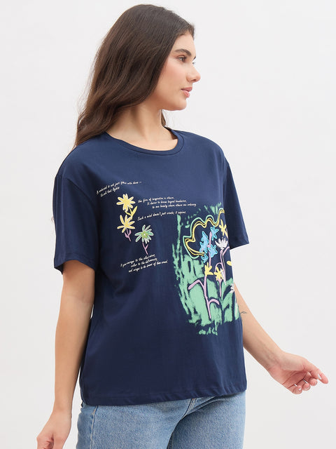 Madame Navy Graphic Print Cotton Half Sleeve T-Shirt