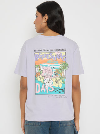 Madame Graphic Print Adorned Lilac Cotton T-shirt