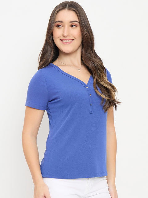 Madame Blue V-Neck T-Shirt with Button Placket