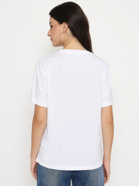 Madame Embellished Typography White Cotton T-shirt