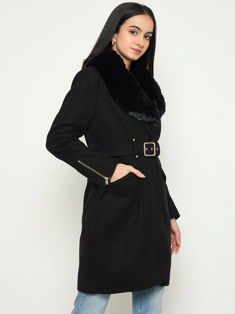 Madame Faux Fur Shawl Collar Long Coat with Belt