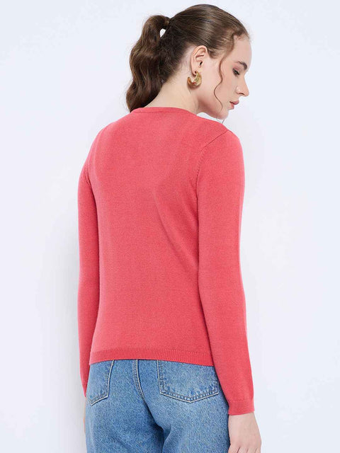 Madame Solid Coral Button Down Crew Neck Cardigan