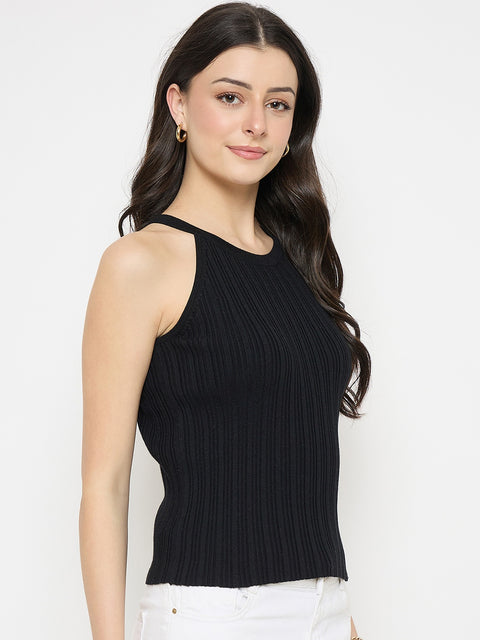 Madame Black Viscose Blend Halter Neck Knitted Top