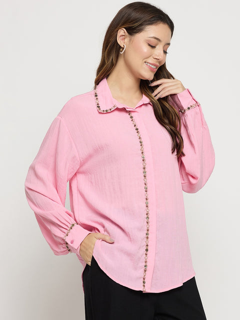 Madame Pink Embellished Rayon Full Sleeve Shirt