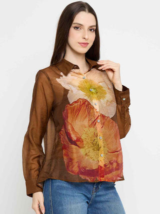 Madame Floral Print Tencel Blend Brown Shirt