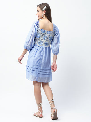 Madame Printed Powder Blue Tencel Blend Crochet Midi Dress