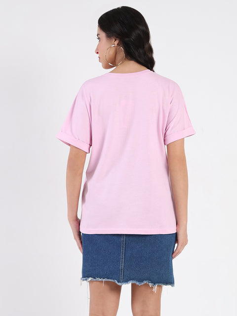 Madame Embroidery Cutwork Detail Solid Lilac Cotton T-shirt