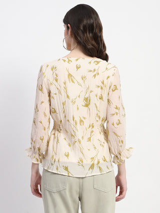 Madame Abstract Print V- Neck Olive Rayon Top