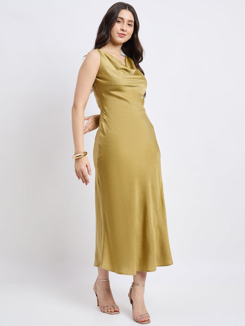 Madame Textured Cowl Neck Green Drape Dress