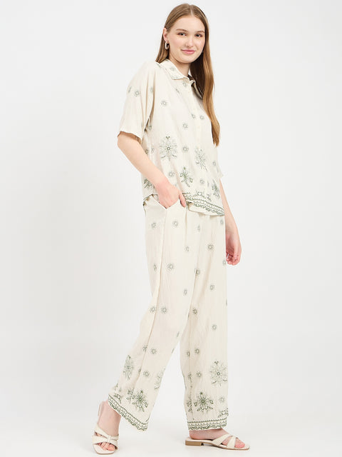 Madame Embroidered Beige Rayon Co-ord Set