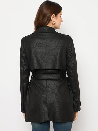 Madame Double Breasted Belted Solid Black Trench Coat